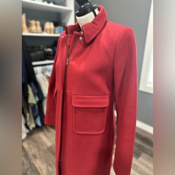 J Crew Jacket Women’s Small Maroon Wool Blend Long Pea Coat Trench Coat Zip - Picture 3 of 7